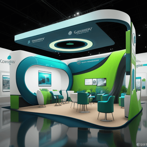 AI generated: layout of exhibition booth design, sustainability materials, green and blue colors, futuristic desig...