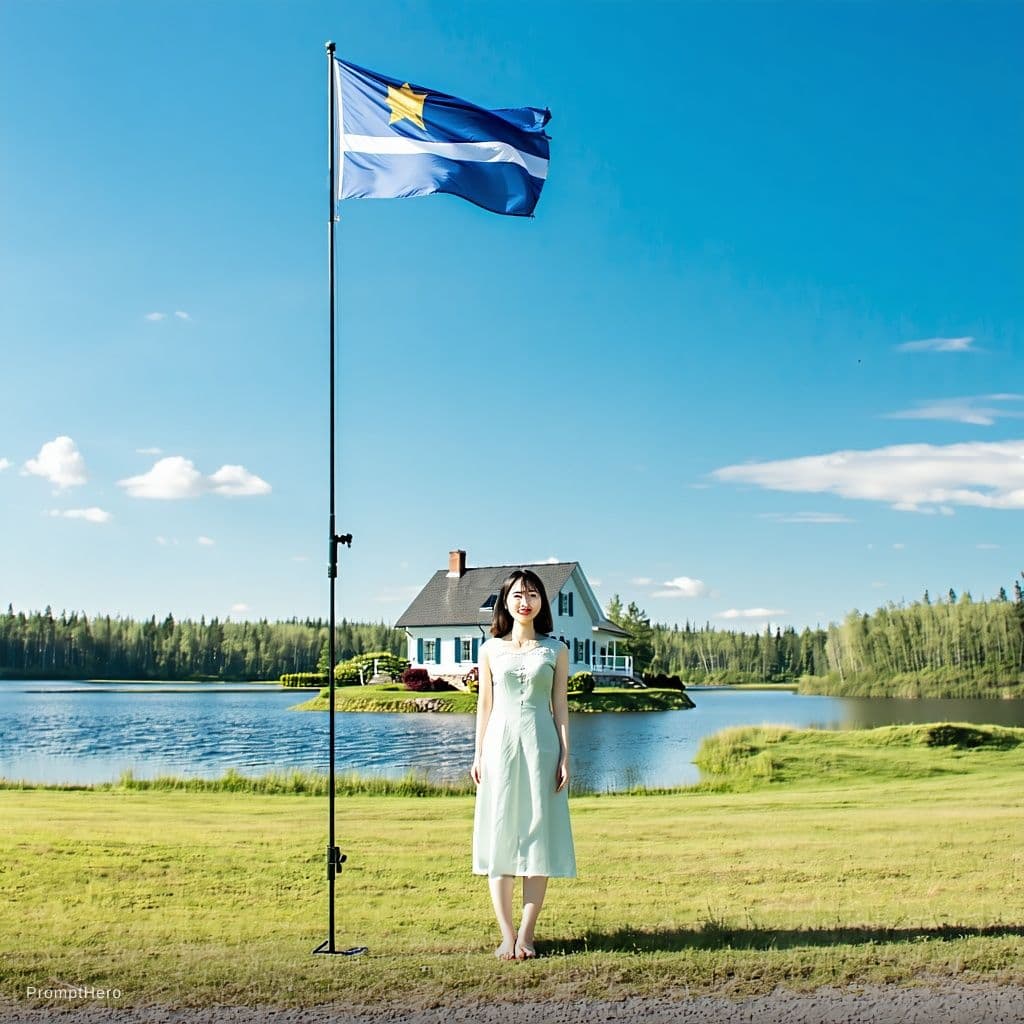 AI generated: A realistic photograph. The woman stands next to a beautiful house, and this flag should be attached...