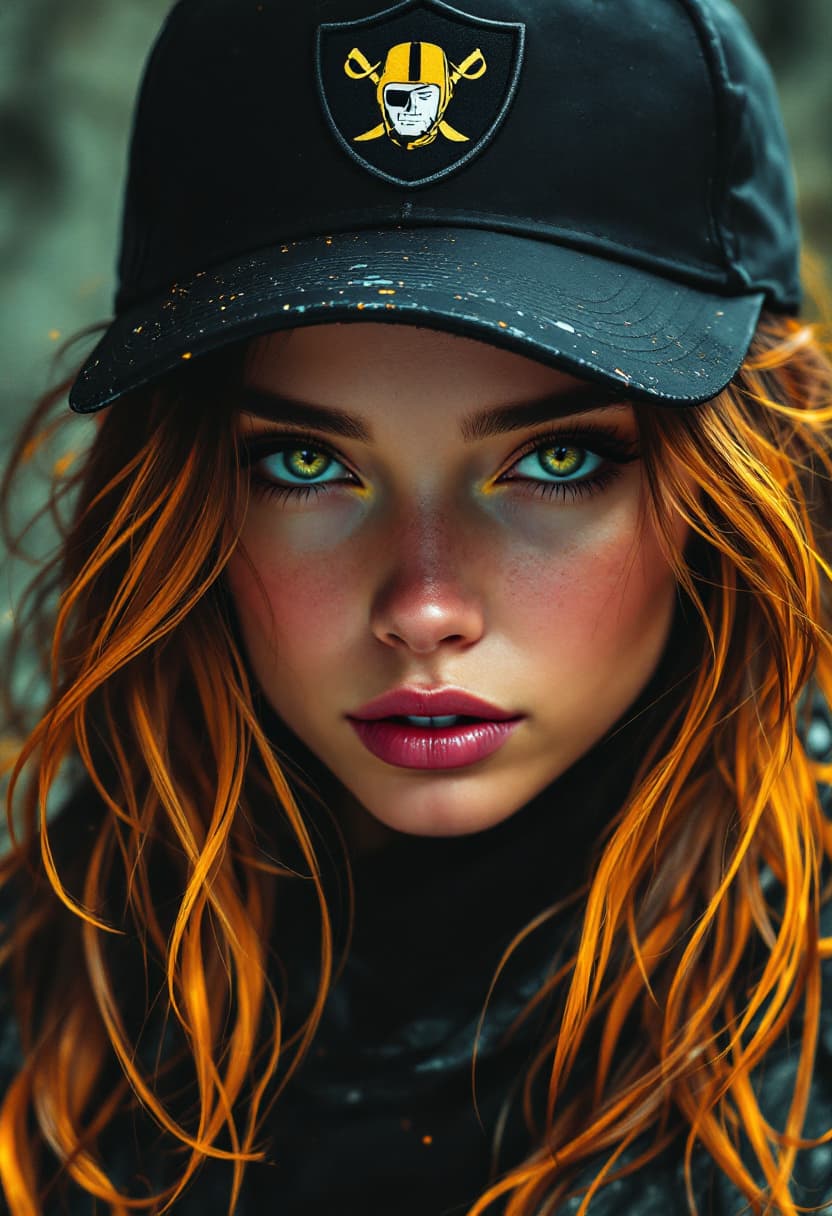 AI generated: a stunning girl wearing black caps , logo Raiders, in the style of otherworldly illustrations, reali...