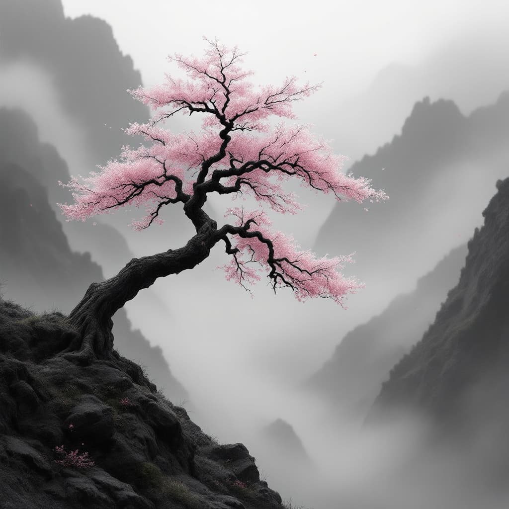 AI generated: cinematic grayscale. Traditional Japanese tree in a foggy mountain valley with moody depth and soft ...