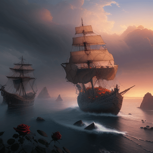 AI generated:  Ancient ship,Many rose,A few roses,clouds, ultra wide shot, atmospheric, hyper realistic, 8k, epic ...