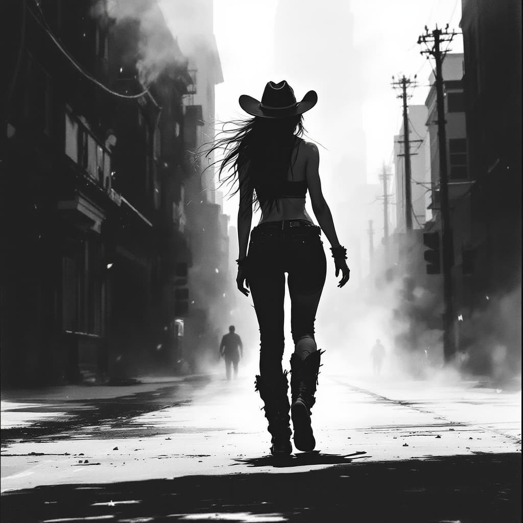 AI generated: A digital drawing of an urban cowgirl, full body, walking on the street, wearing cowboy boots and ha...
