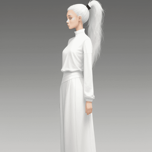 AI generated: standing up figure, fluffy white long clothing, ponytail, female, tall, slim, light skin, gray backg...
