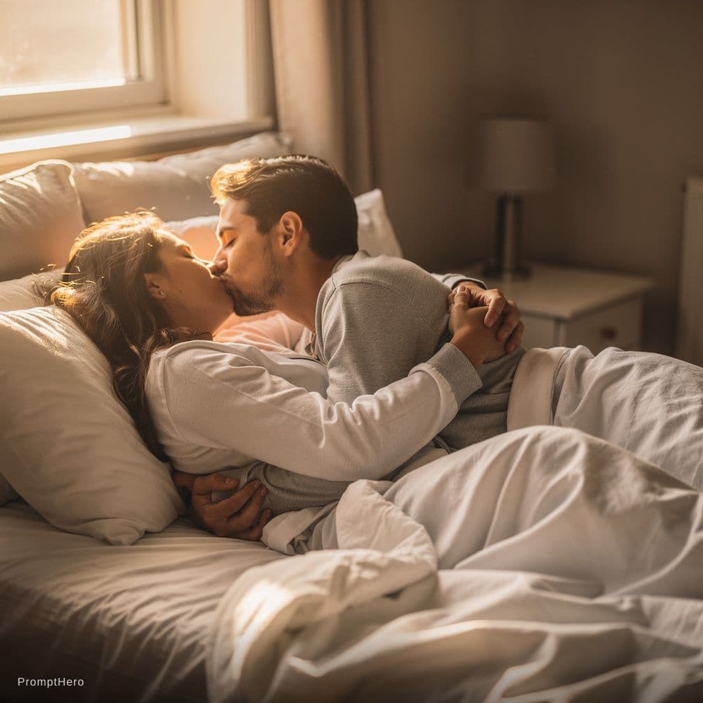 AI generated: Kissing each other hot in bed