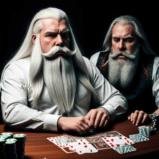 AI generated: god with big white beard and long white hair sitting next to the satan and playing poker in the dark...