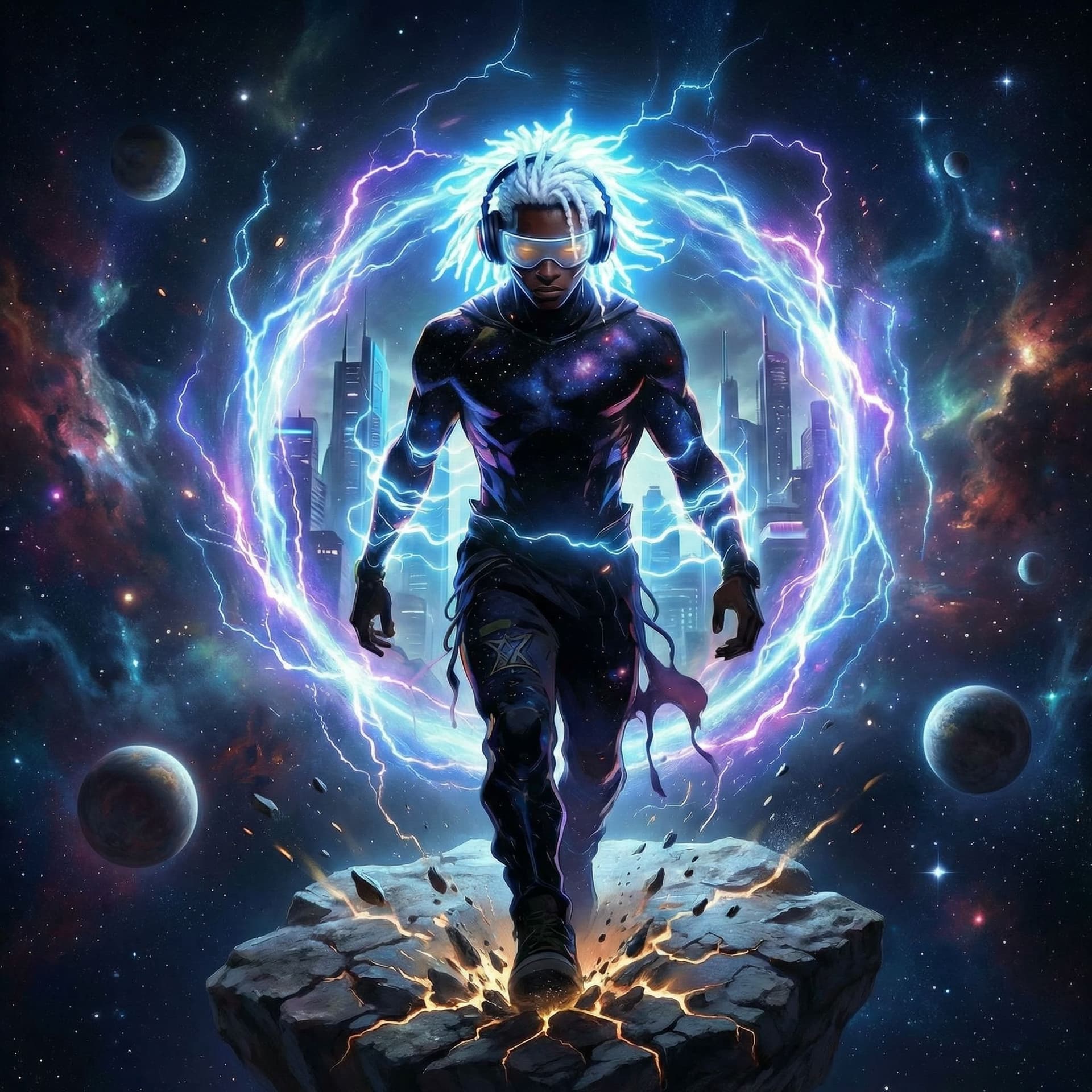 AI generated: full body front view of a 3d illustrated african american superHERO with white glowing short dreadlo...