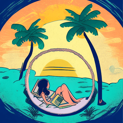 AI generated: round logo with writing on the top in blue "An Introvert Island" featuring a small island with two p...