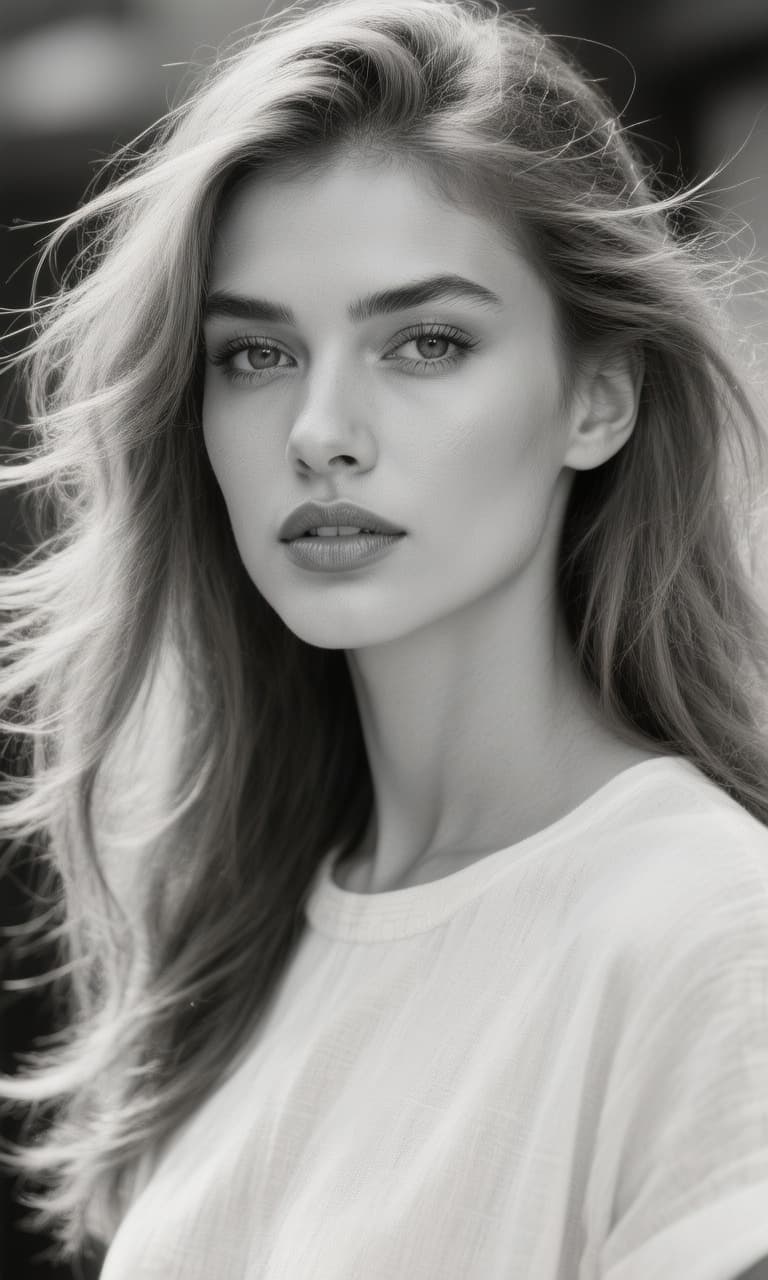 AI generated: "Image is a black and white portrait photograph featuring a young woman with light skin and long, fl...