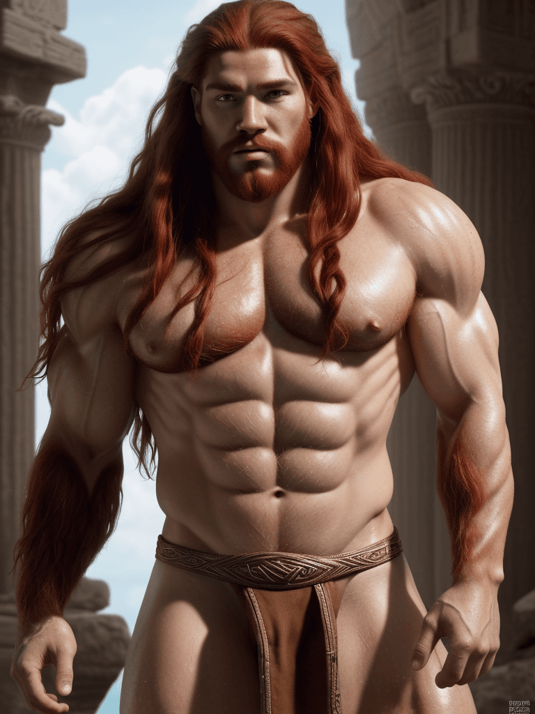 AI generated: A male ancient atlantean Hercules in the flesh, long flowing red hair, huge muscles, muscular, unclo...