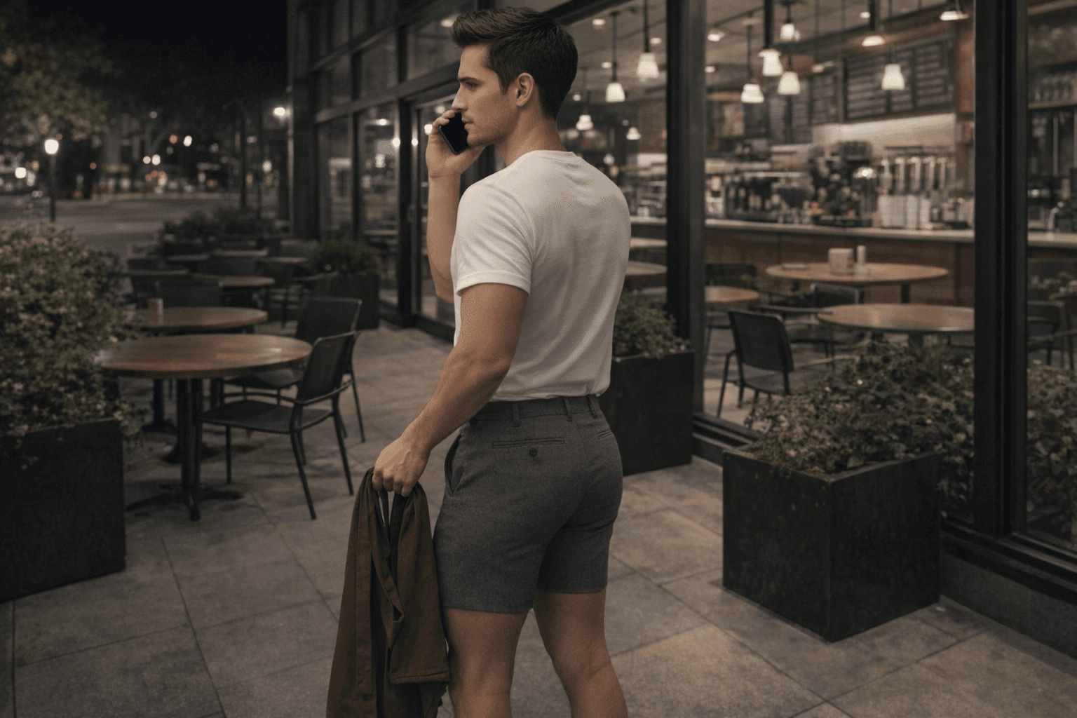 AI generated: At night. The model is a barista at a big coffee shop. The coffee shop is empty. The coffee shop has...