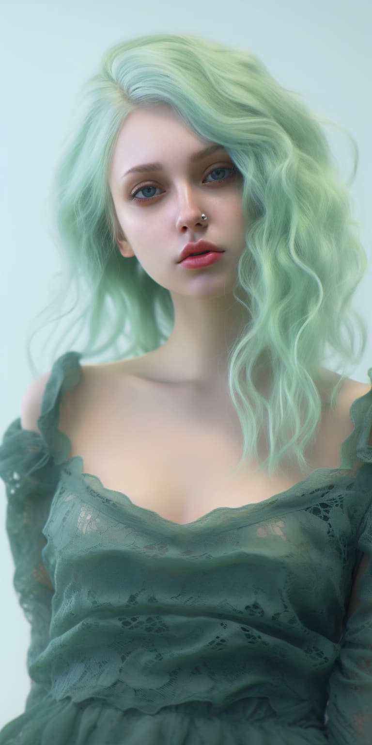 AI generated: A pretty lady wearing light green hair in a green lace dress, in the style of hyperrealism and photo...