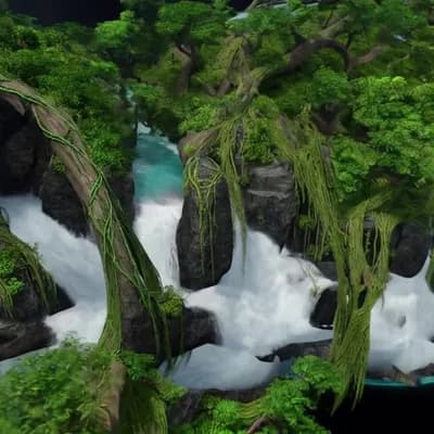AI generated video: A floating microplanet reveals a dense jungle, its surface overgrown with thick vines and towering t...