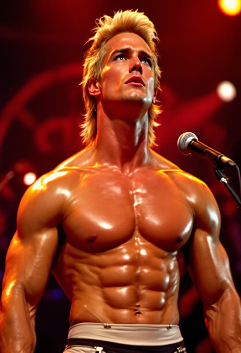 AI generated: high-resolution photo muscular man, platinum blonde hair, wearing wearing a jockstrap, onstage in a ...