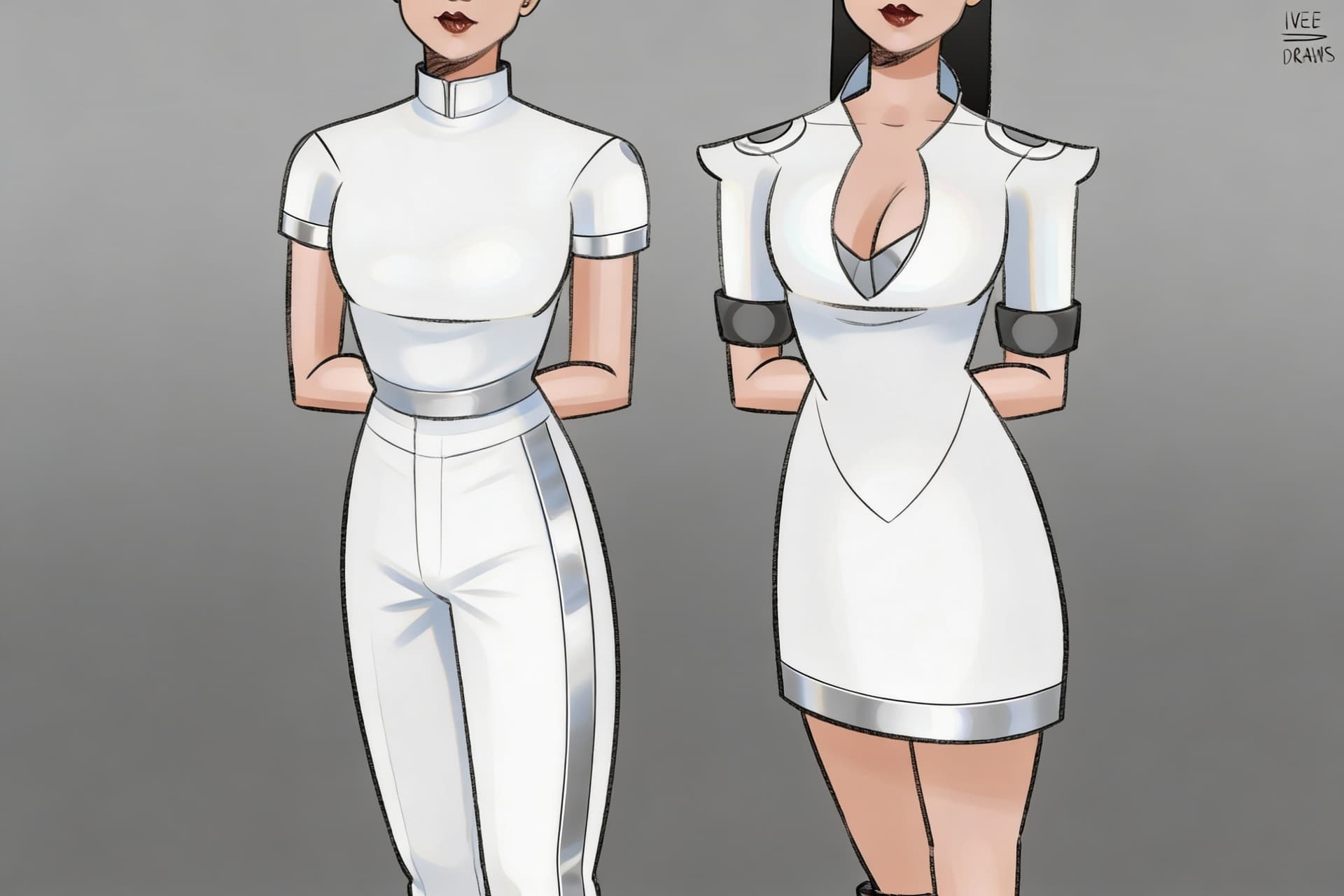 AI generated: Create a Sci-Fi uniform. Use the reference image and turn all white uniforms with silver trim. The c...