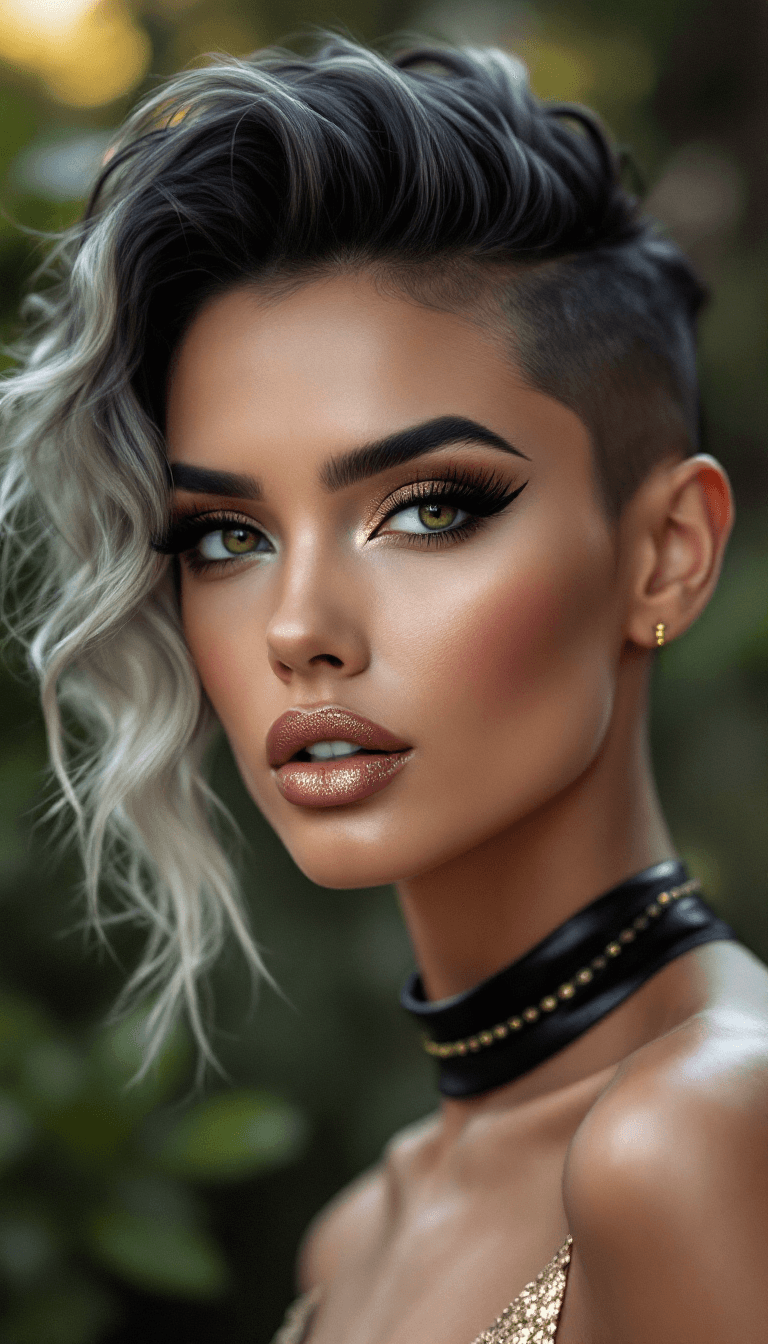 AI generated: a beautiful model with an avant-garde wavy haircut, she is looking into the camera, winged eyeliner,...