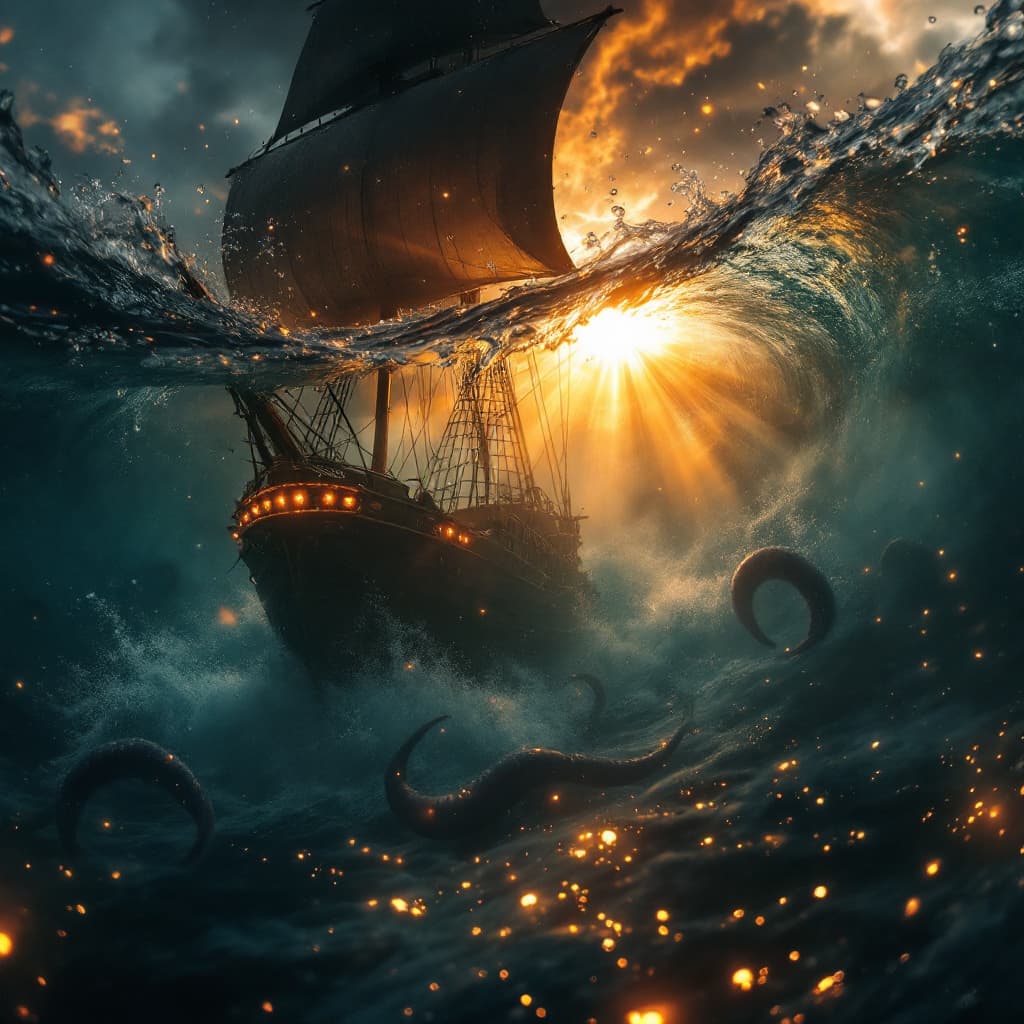 AI generated: (best quality, masterpiece:1.2), underwater, ((sailing ship)), close up, zoom in, absurdes, waves, w...