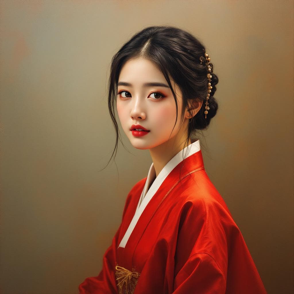 AI generated: “Oil painting on canvas, young Korean woman wearing a vibrant red hanbok, facing the camera directly...