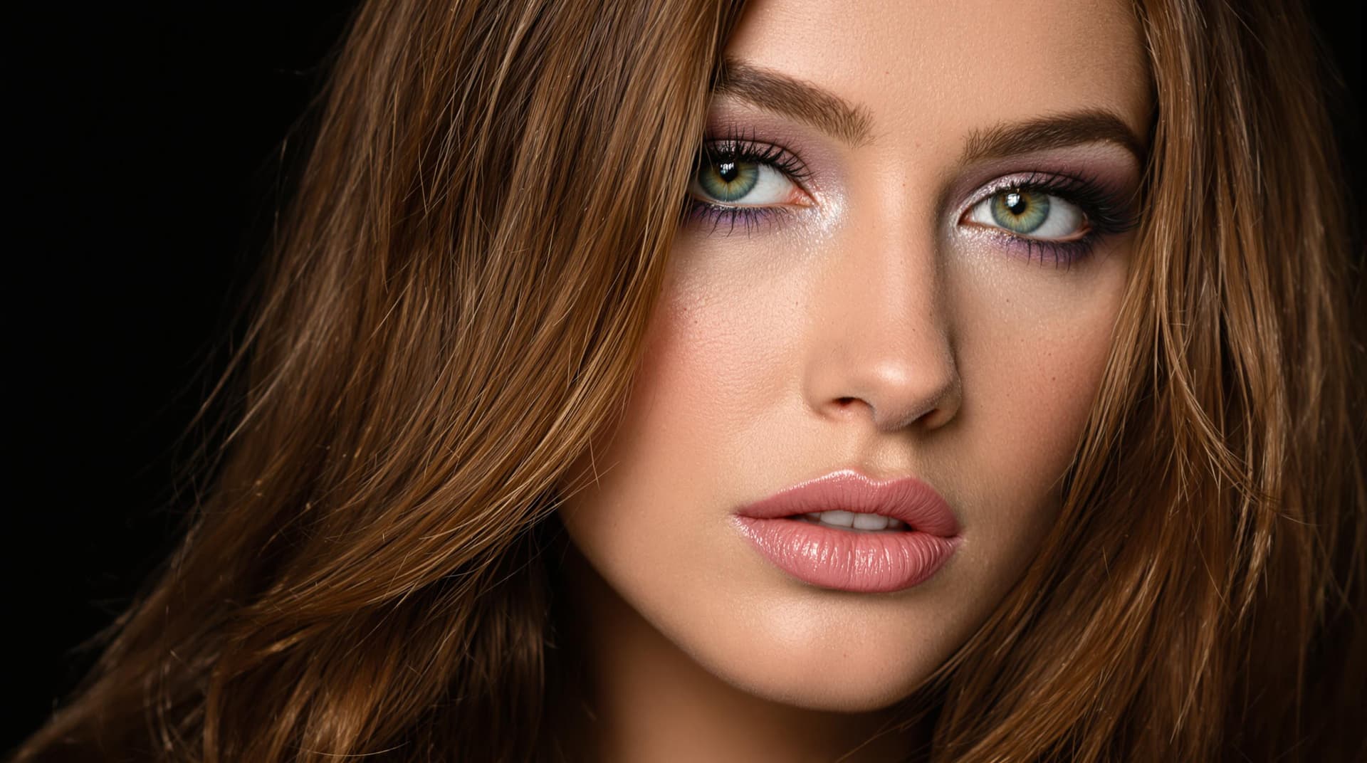 AI generated: "The image is a striking close-up portrait of a woman with lustrous, chestnut brown hair cascading l...