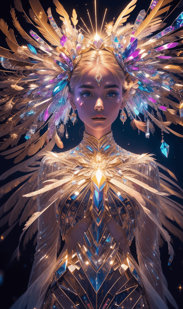 AI generated: an wooden slice made out of glowing crystals with a person's face illuminated, in the style of surre...