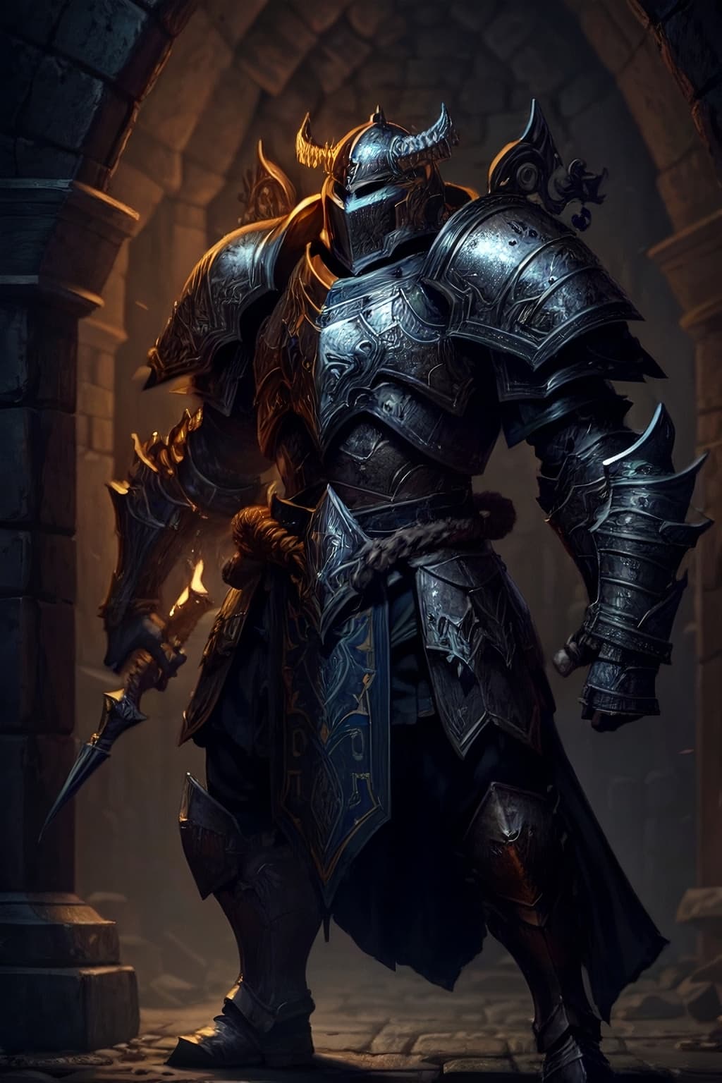 AI generated: Heavy armor in the darkness of a dungeon, indoors, dungeon background, torches, digital art, ultra d...