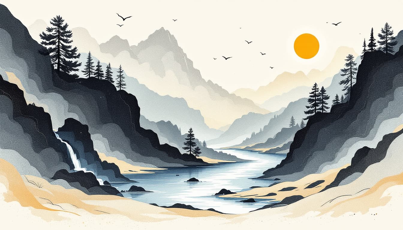 AI generated: minimalisme line art of  paul klee style waterfall landscape and touches of fictive fantasy cool col...
