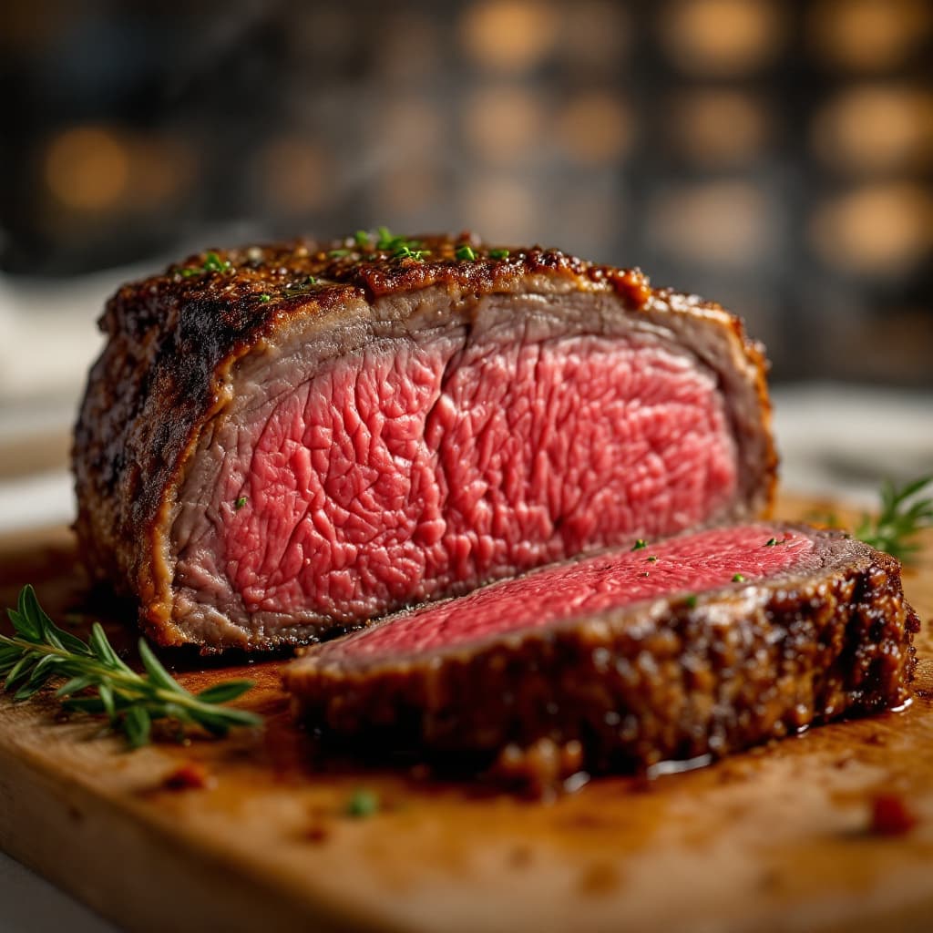 AI generated: Capture in close-up a delicious sliced ​​beef rib just about cooked, oozing tempting appeal, in a 3 ...