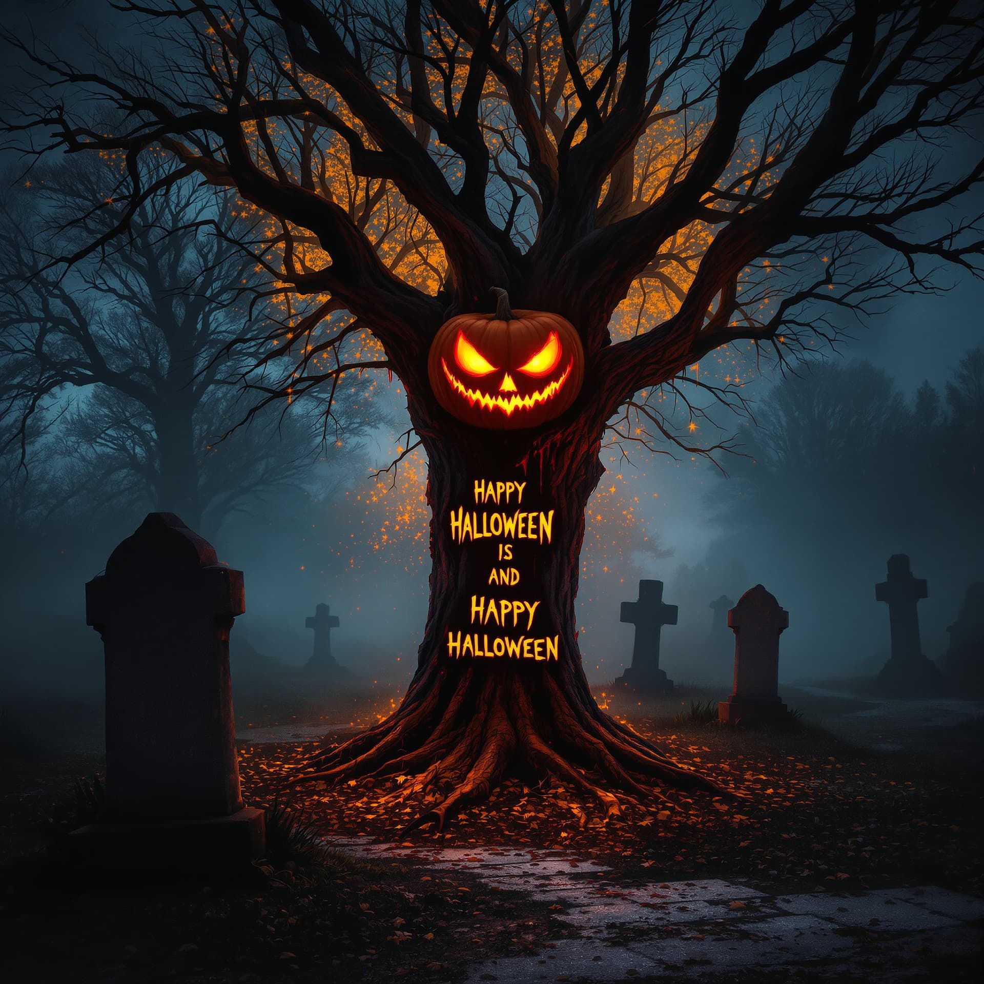 AI generated: dark terrifying halloween scene, evil pumpkin demon, foggy cemetery, creepy atmosphere, glowing red ...
