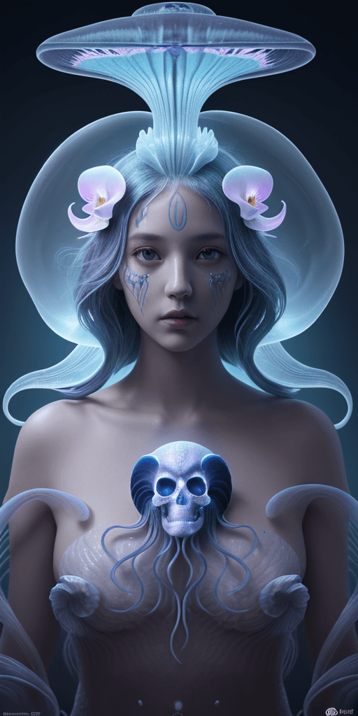 AI generated: Goddess close-up portrait ribcagel. jellyfish phoenix head, nautilus, orchid, skull, betta fish, bio...
