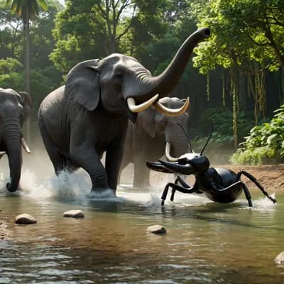 AI generated video: several elephants beating a gaint big ant in water
