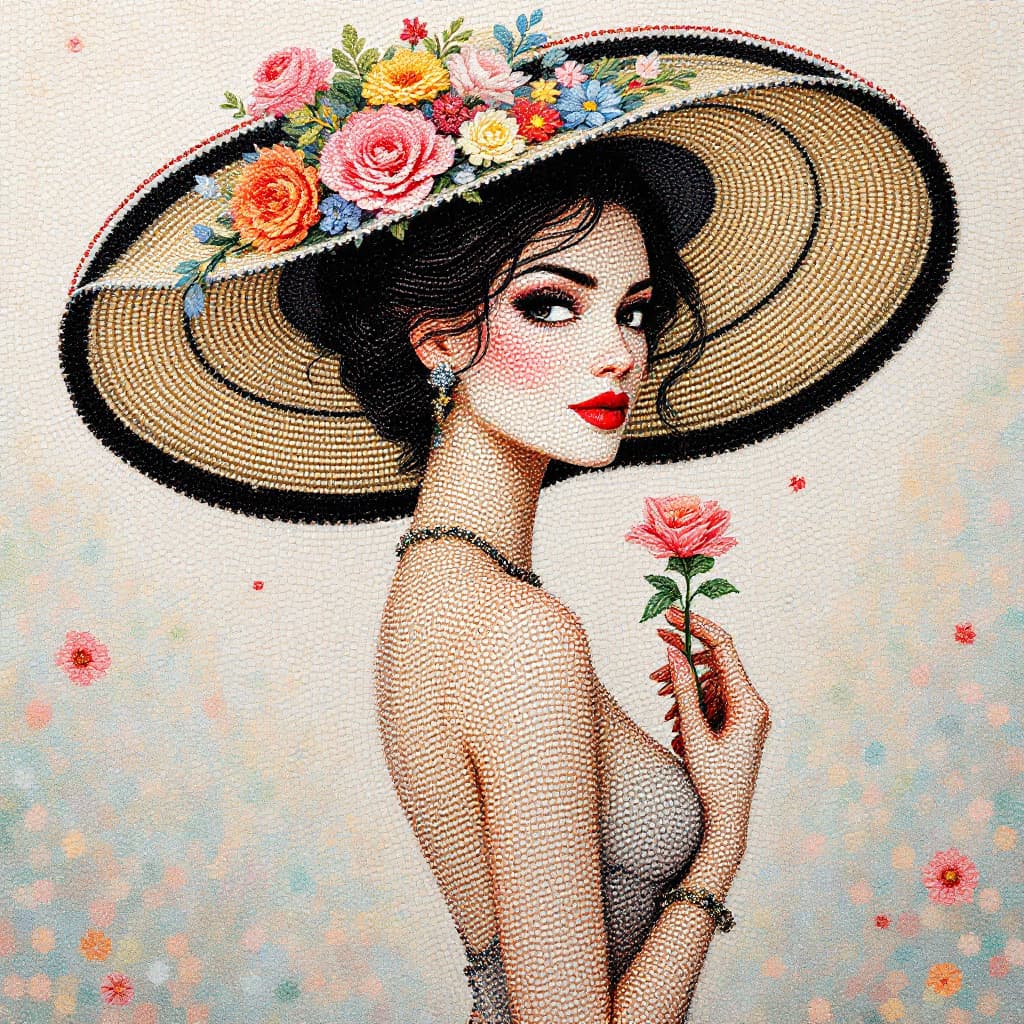 AI generated:  Prompt 

"A vibrant bead art piece featuring an elegant lady with an oversized hat adorned with col...