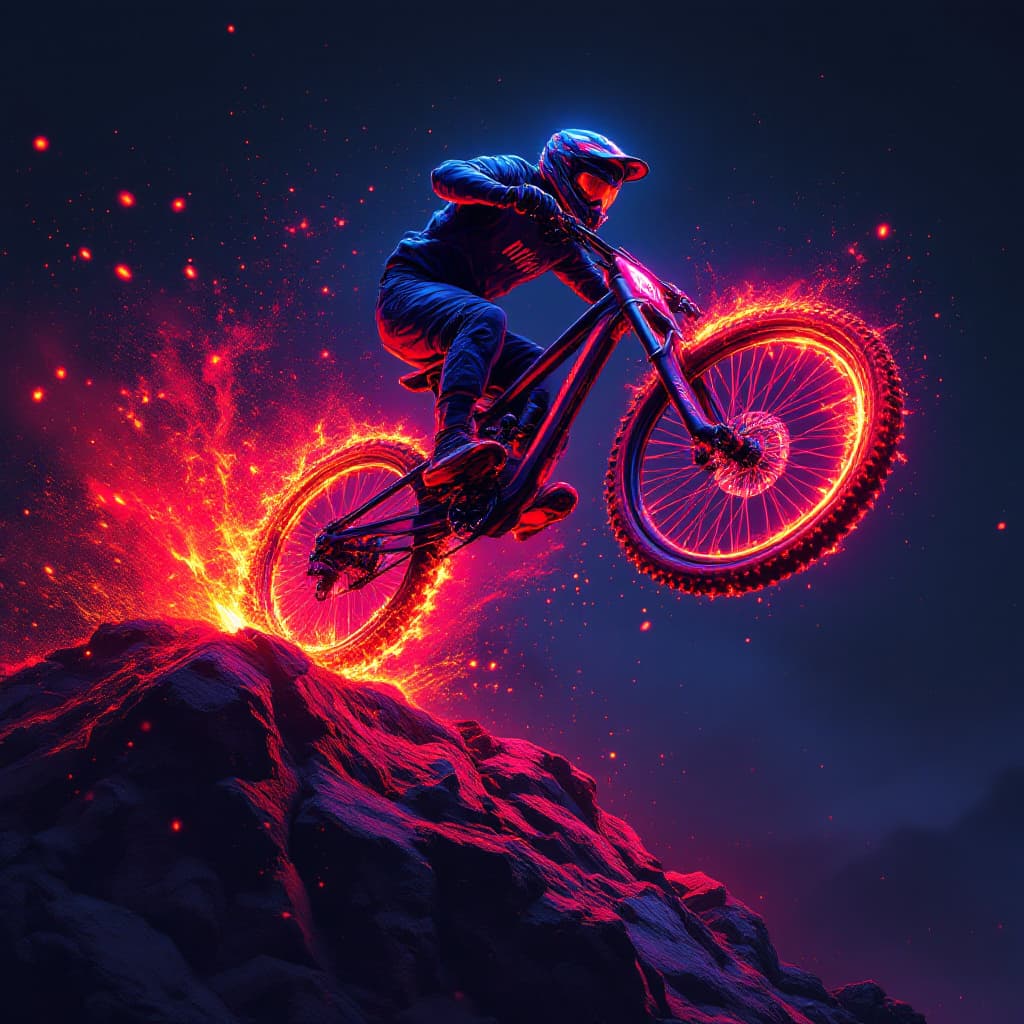 AI generated: A furious anime style red-blazing full suspension mountain bike with rider jumping off a cliff, domi...