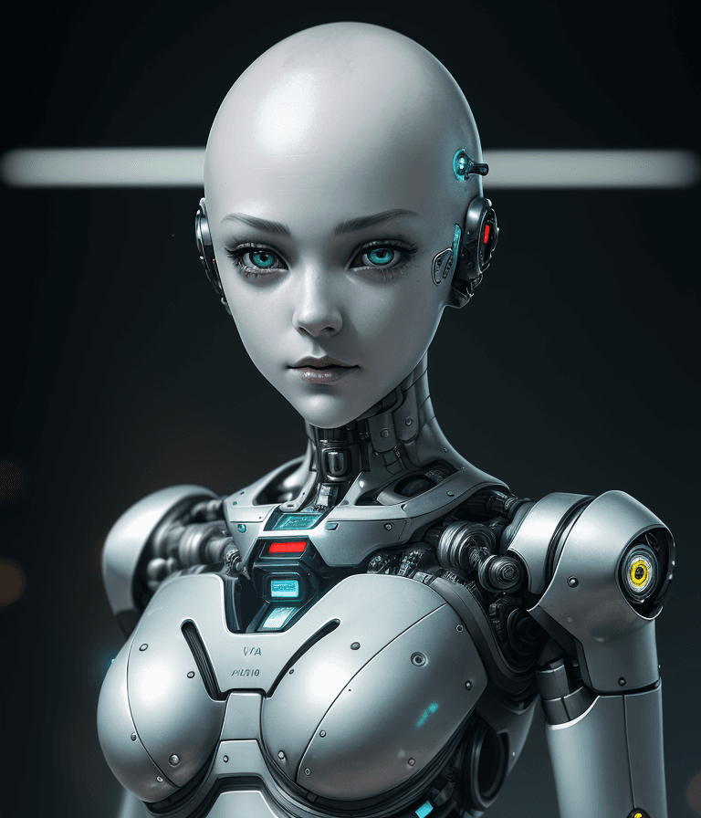 AI generated: fking_scifi_v2, portrait of a robotic girl android, silver shinny skin, robotic, mechanical, reflect...