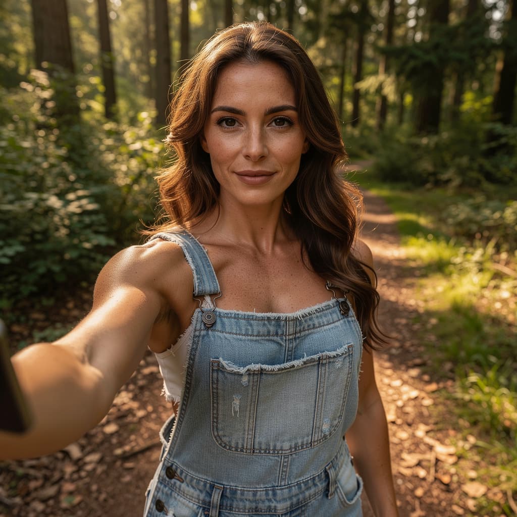 AI generated: Create a high-quality photorealistic render of a fit, topless adult woman taking a selfie in a lush ...