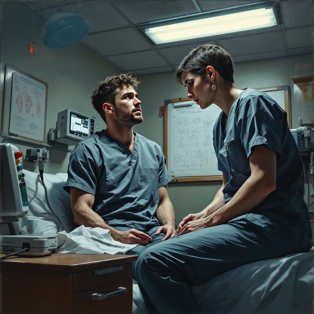 AI generated:  A detailed, dramatic painting in the Mixed Media Art style, depicting a modern hospital setting. A ...