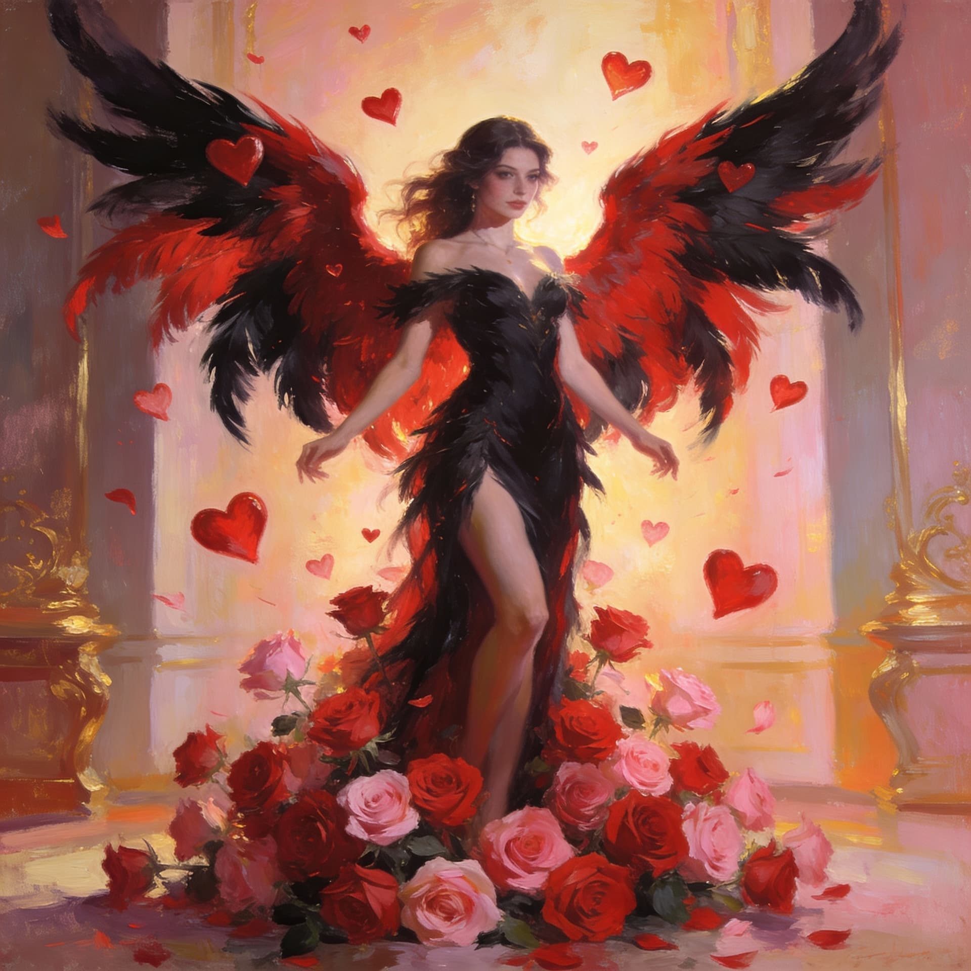 AI generated: A stunning, beautiful woman, a romantic goddess figure, with large, dramatic red and black feathered...