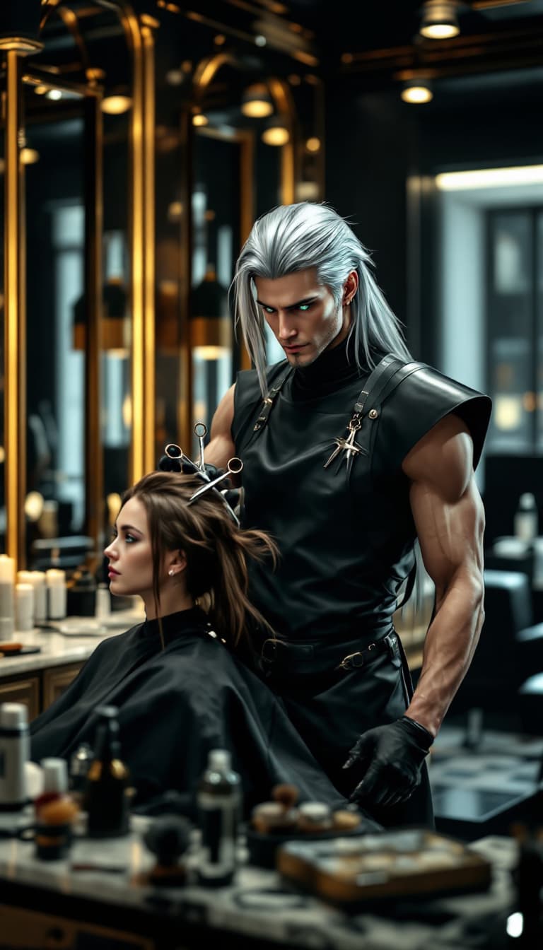 AI generated: A candid, photorealistic shot of a tall clean shaven European man inspired by Sephiroth from Final F...