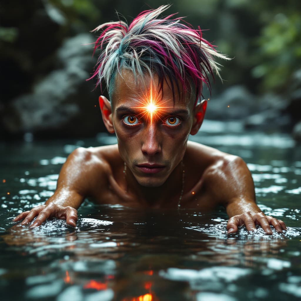 AI generated: Hyper realistic eye level exterior photo an extremely skinny wiry punk guy with huge brown eyes, mul...