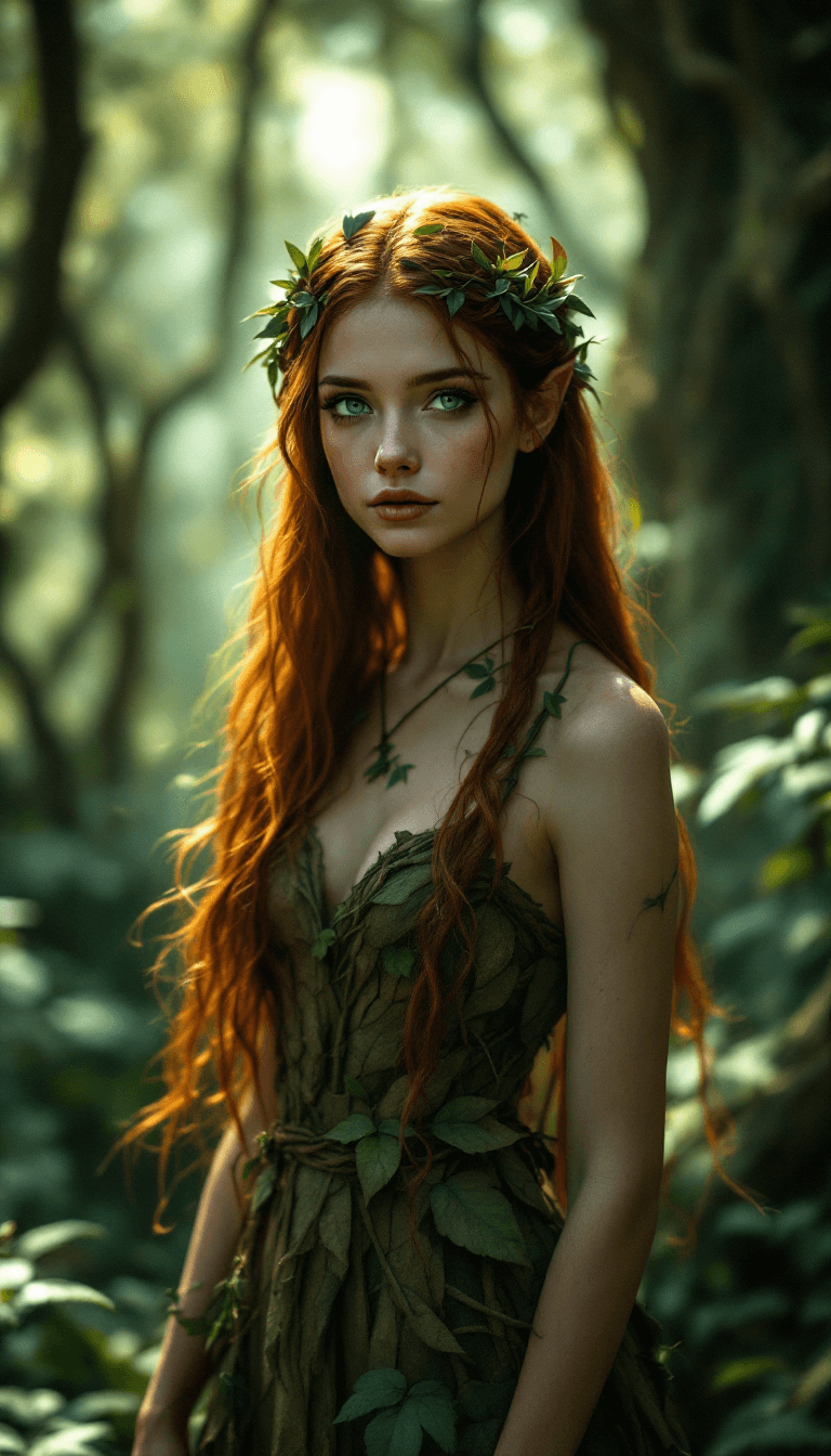 AI generated: A graceful forest spirit with long, flowing, dark auburn hair, adorned with leaves and vines. Her ey...