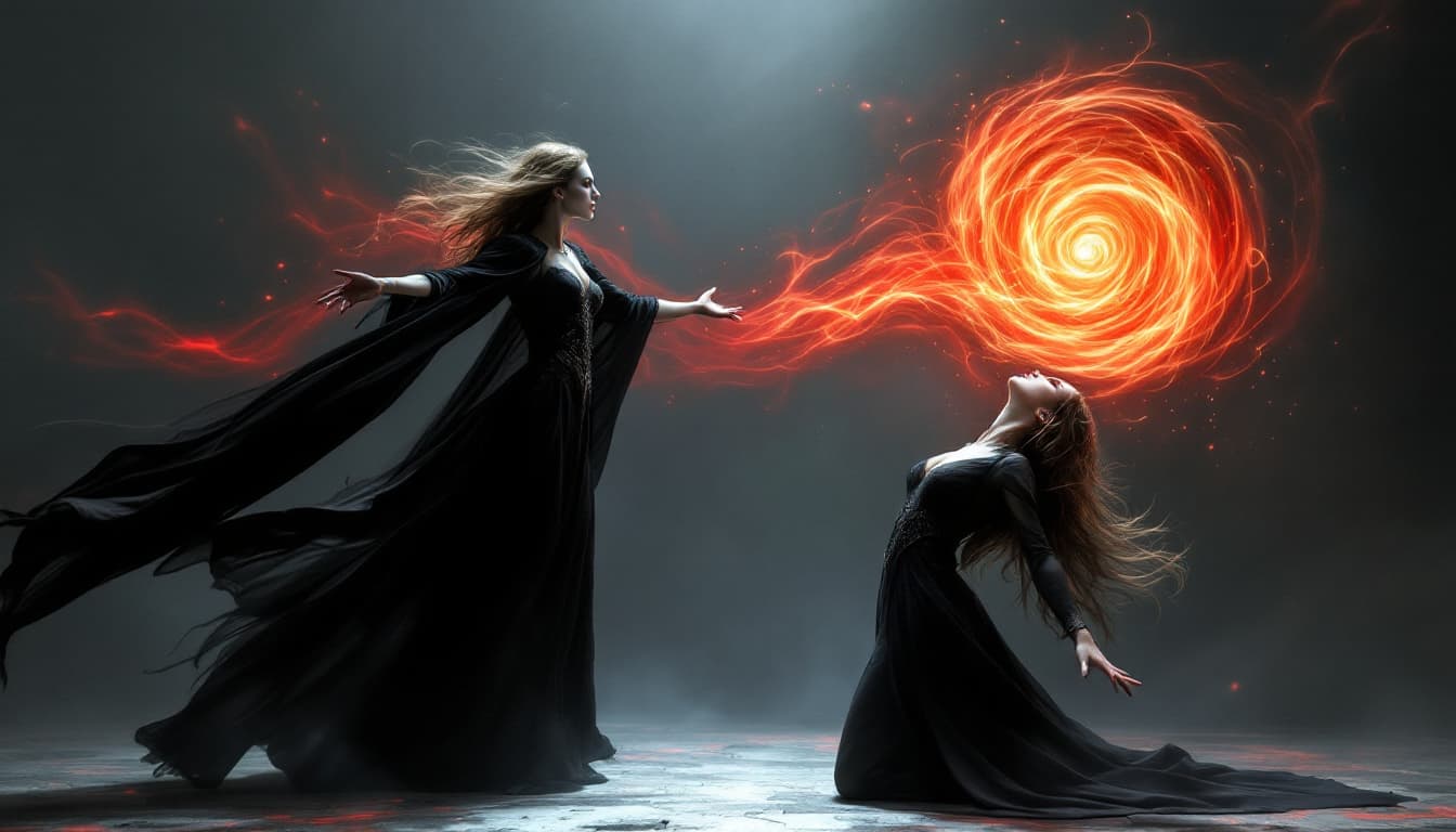 AI generated: A dramatic scene of two women, one in a dark, gothic-inspired dress with a flowing cape, standing in...