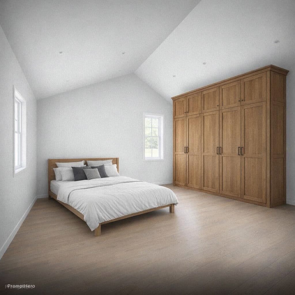 AI generated: añade un mueble de madera robusto en la pared de la  derecha, alto a modo armario, tapando la ventan...