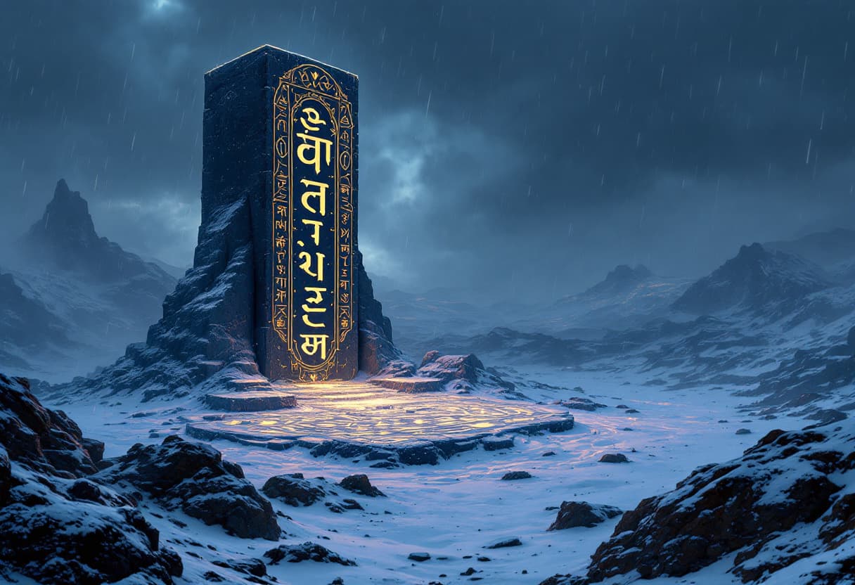 AI generated: A concept Cascade chronicles art landscape of a gloomy and somber snowy thundra with a the Hindi tex...