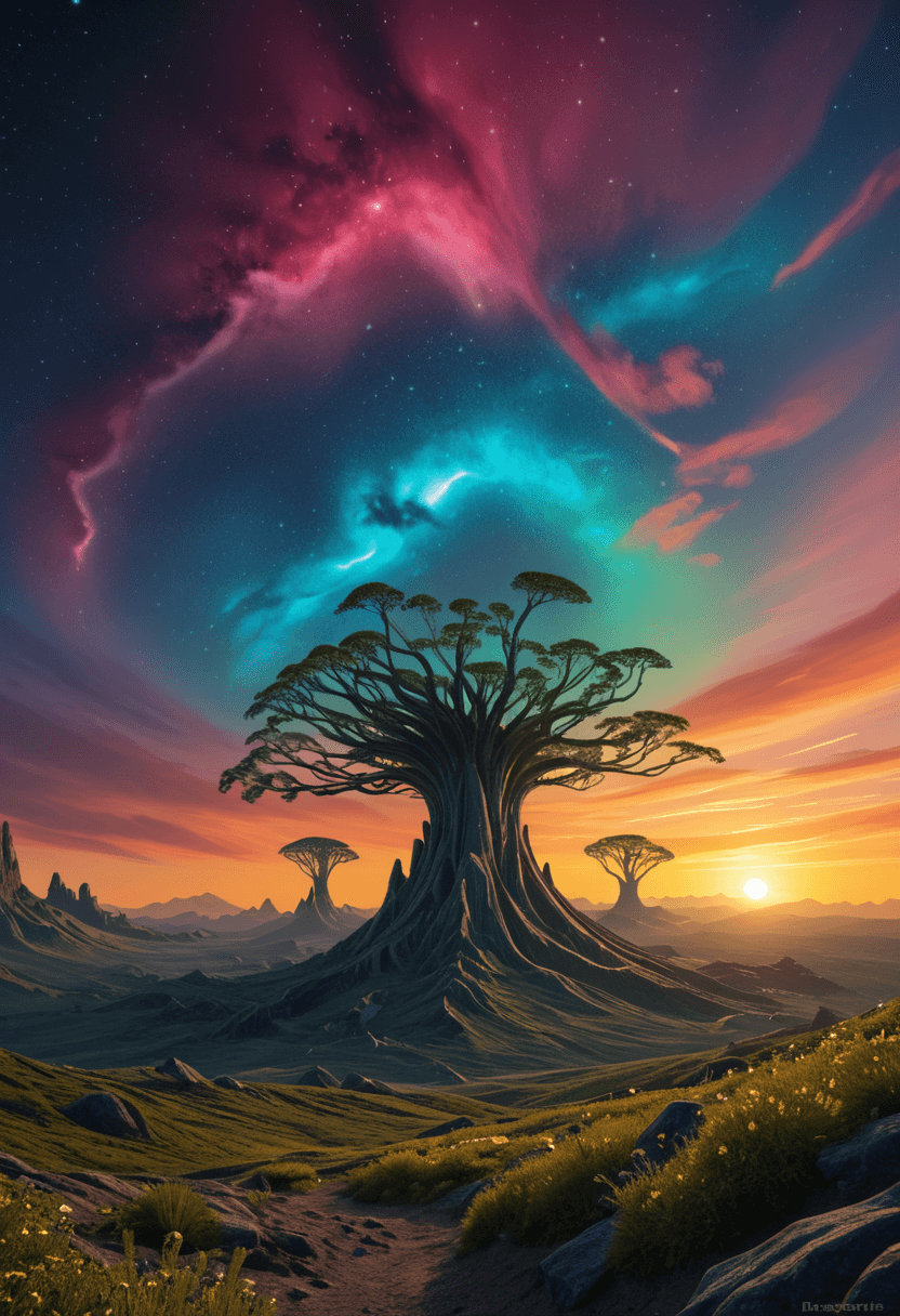 AI generated: Fantasy landscape,sunset,dynamic colors,bioluminescent alien plants,nebula,highres,realistic