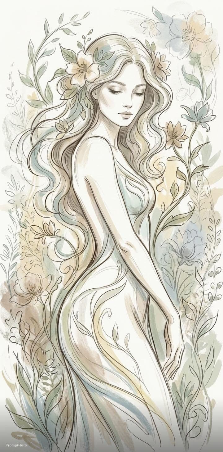 AI generated: Create a beautiful, intricate drawing of a woman in a nature-inspired, art nouveau style. The figure...