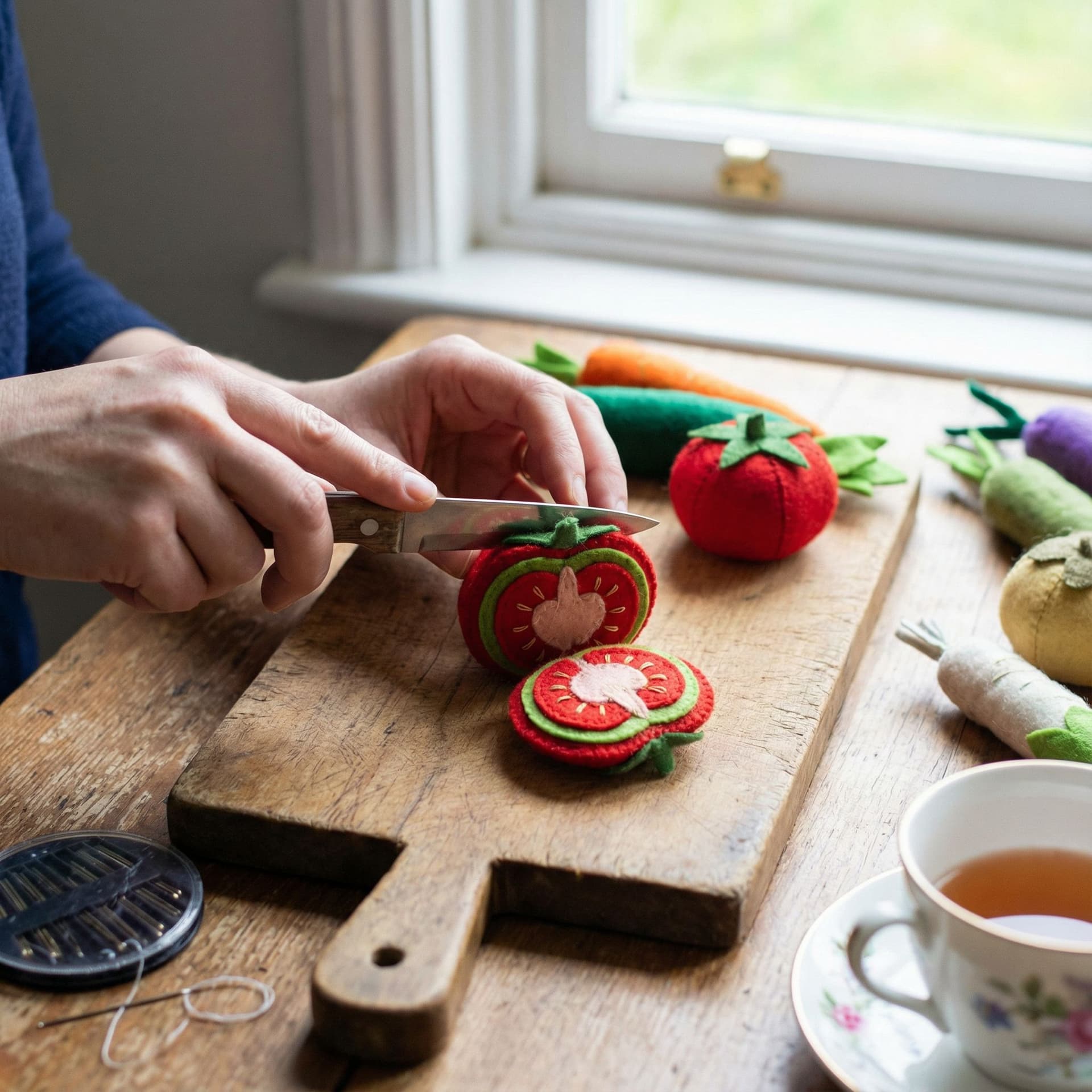 AI generated: Slicing a felt tomato