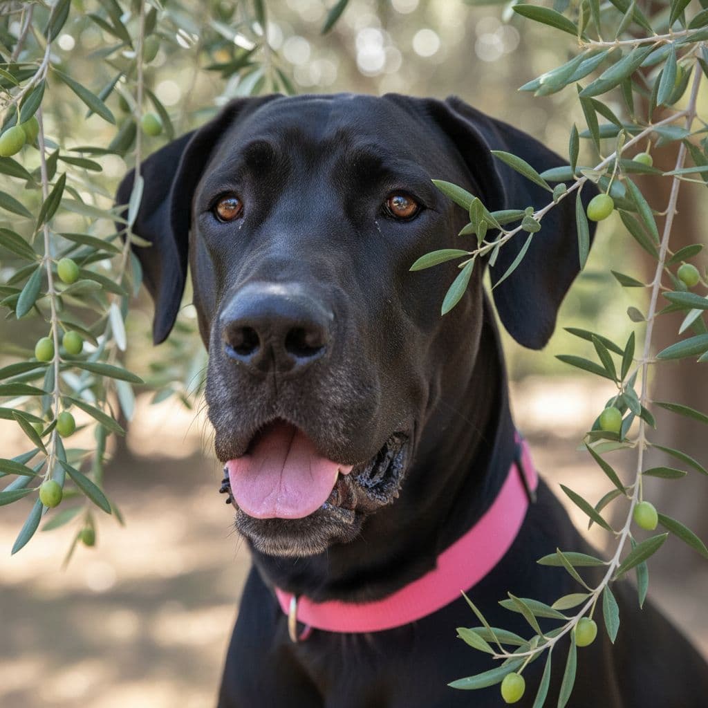 AI generated: dog, black, Great Dane, 1 year old,
pink collar,
face only, mouth open slightly with tongue out a ...