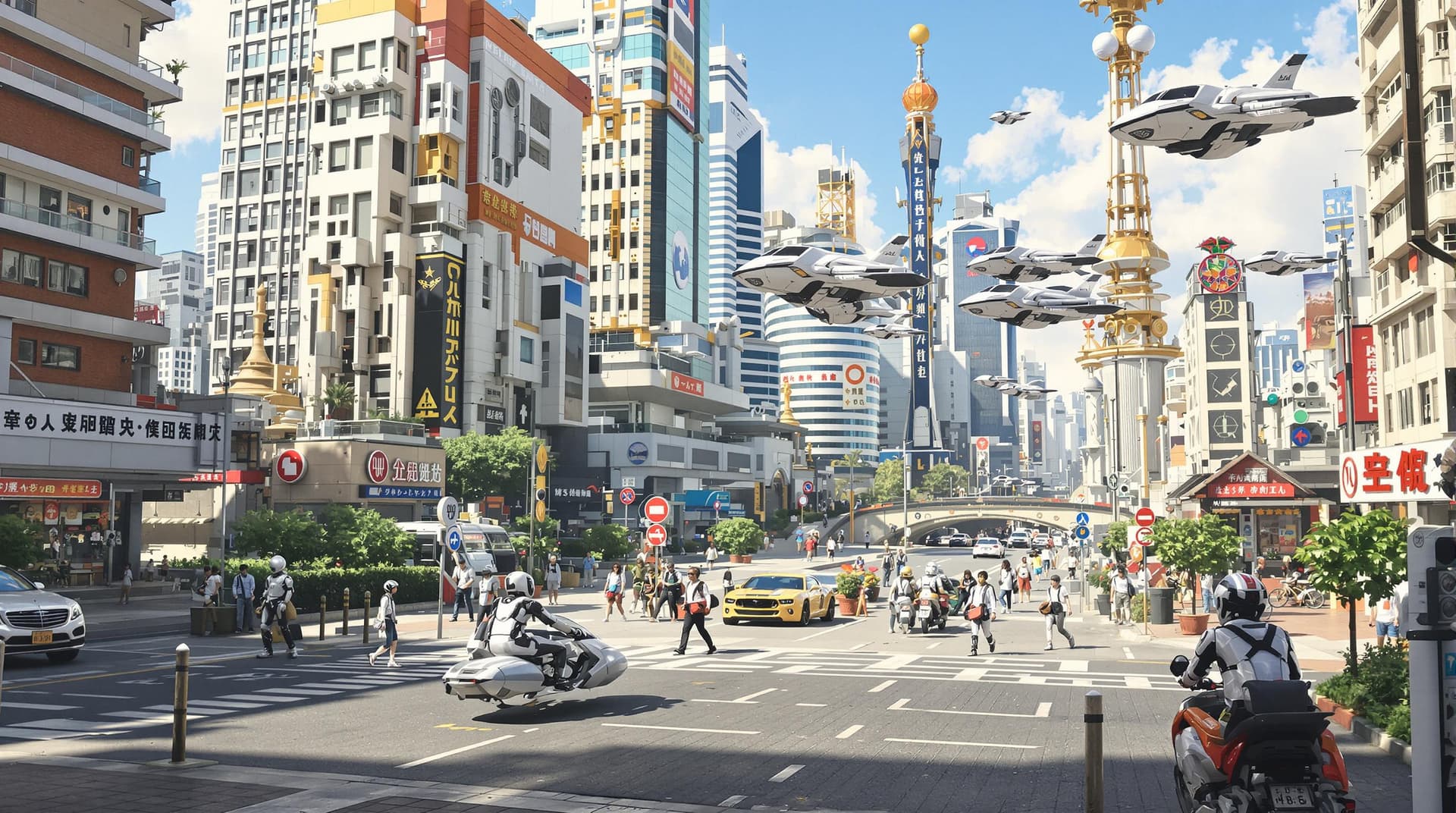 AI generated: fun hyper realistic futuristic cityscape with flying cars, robots and people wearing silver suits an...