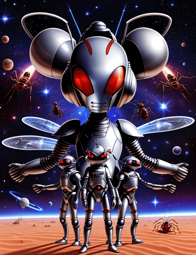 AI generated: alien ant army group with silver ant armor invasion the planet, gunfire with red ant group, space st...