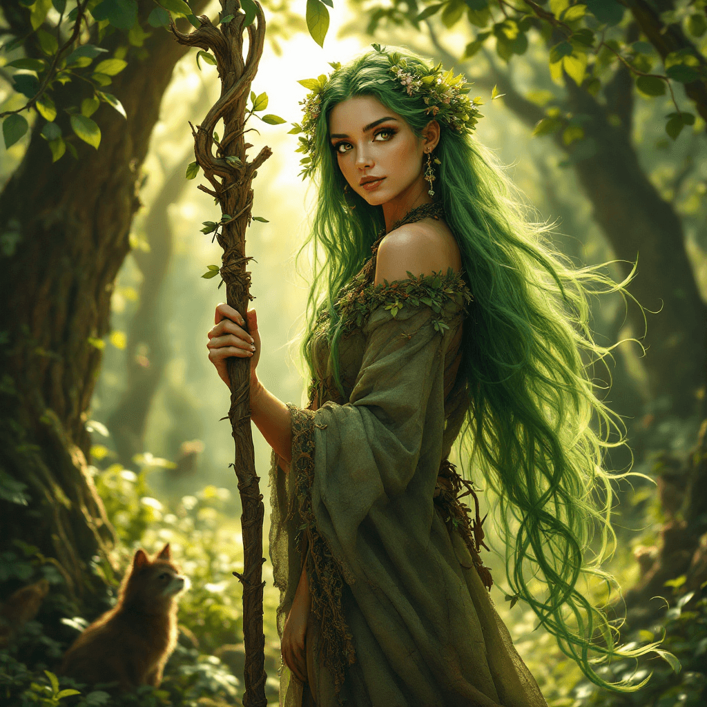 AI generated: A graceful guardian with long, flowing, emerald green hair, often intertwined with leaves and flower...