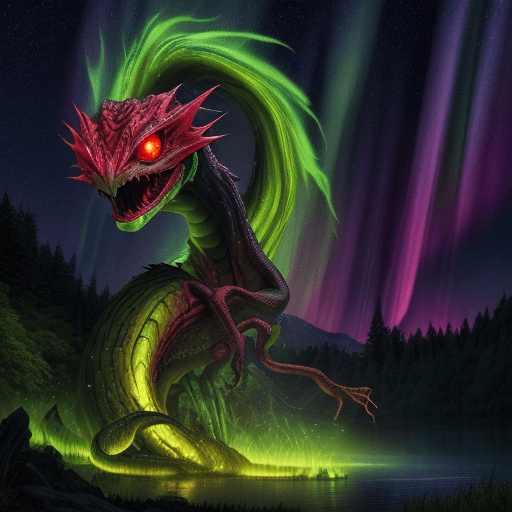 AI generated:  basilisk, red glowing eye, set against a vibrant, enchanted landscape of lush forests, sparkling la...