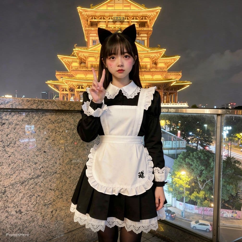 AI generated: 生成全身照片，Change into a slim-fit black and white maid   outfit, with white lace leg garters, wearing ca...